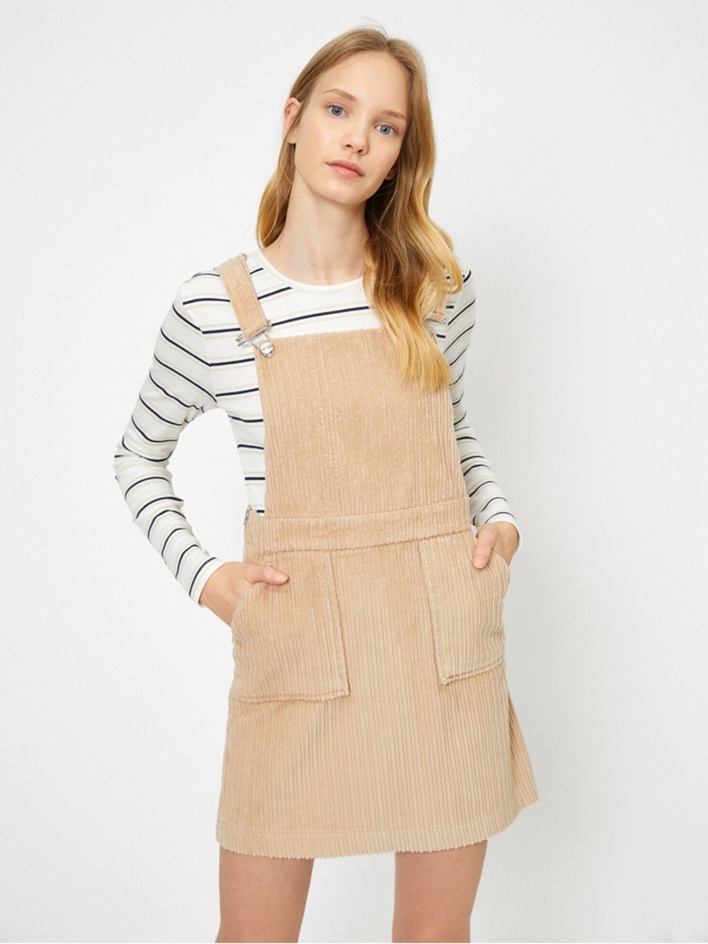 Olé by Koton ($80) Beige Corduroy Pinafore Overall Mini Dress Teen Size 36/ US 4 - Picture 3 of 14